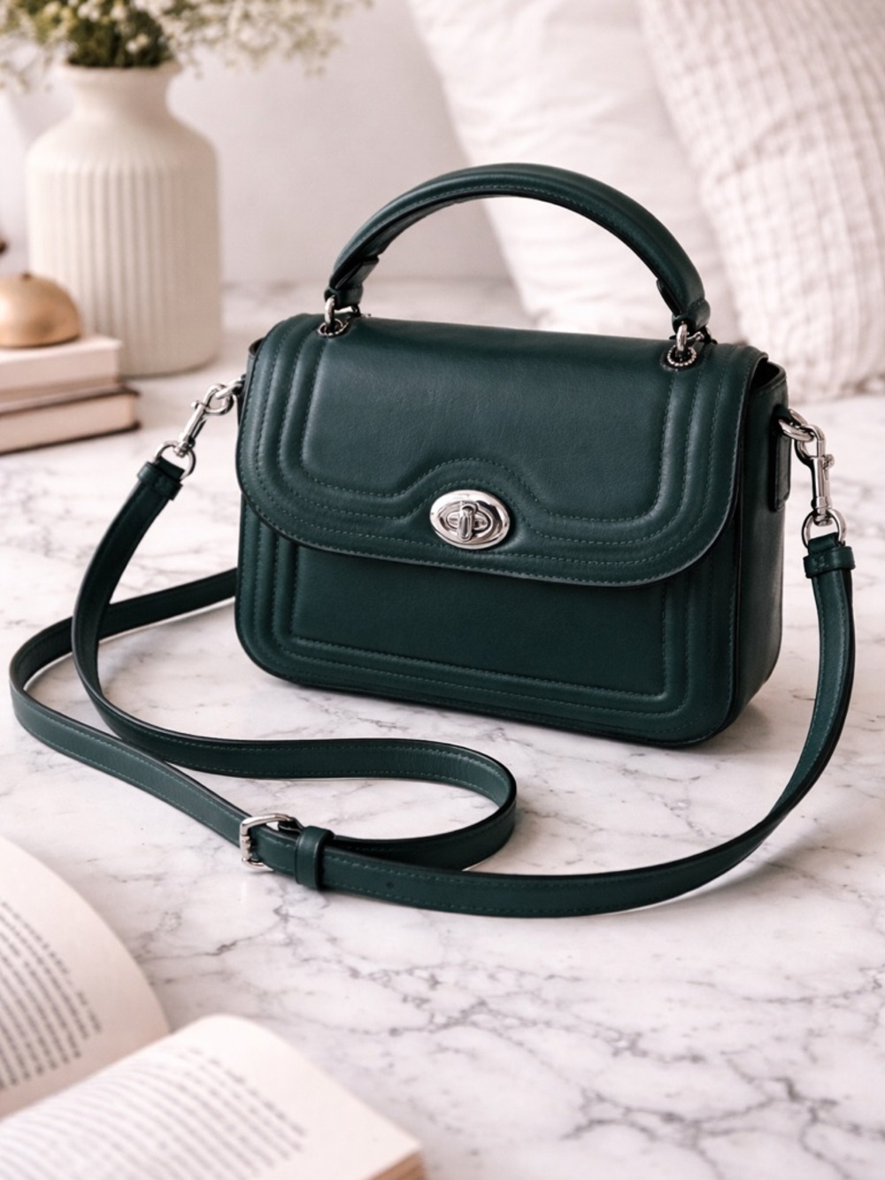 Coach Marlie Teal Green Leather Top Handle Satchel Structured Crossbody everyday
